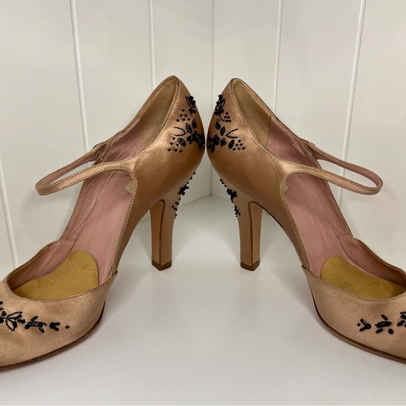 Prada Pink Satin Black Embroidered Mary Jane Heels - Picture 4 of 5